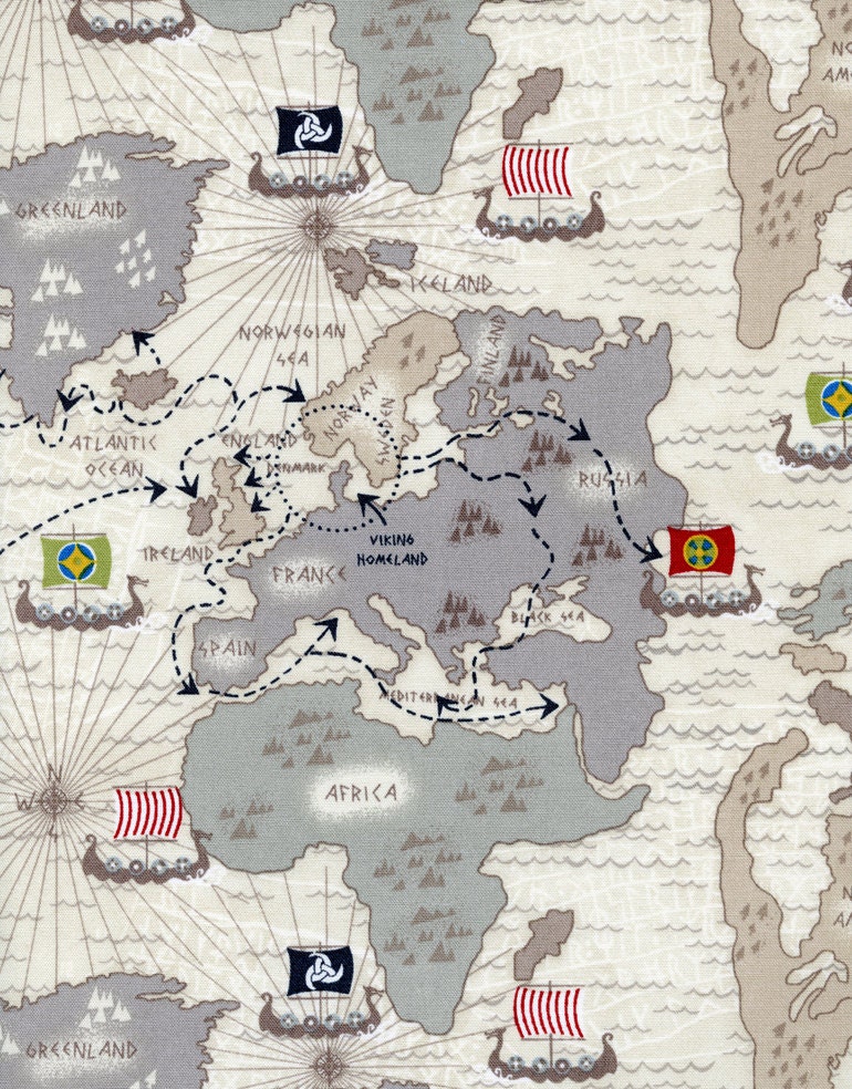 VIKING MAP Tan Novelty Kids ORGANIC Cotton Vikings Pirate Maps Quilt Fabric - by the Yard