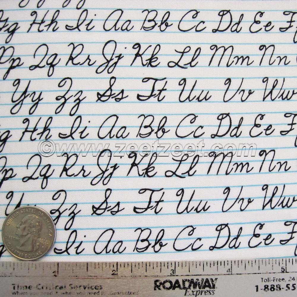 CURSIVE WRITING ALPHABET Black and White - Cotton Quilt Fabric - by the Yard