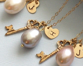 Set of 3 Gold Key Necklaces, Pearl, Initial Heart, Skeleton Key, Vintage Key, Custom Color, Personalized Jewelry, Bridesmaid Gift