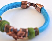 Turquoise Blue Regaliz Leather Bracelet with Lime Lampwork Beads and Copper Colored Clasp