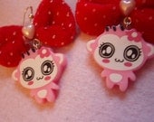 Kawaii Pink Monkey Girl Red Bow Earrings