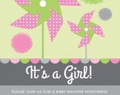 COLOR OPTIONS - Girl Pinwheel & Pom Poms Baby Shower Invitation - Digital Print Your Own