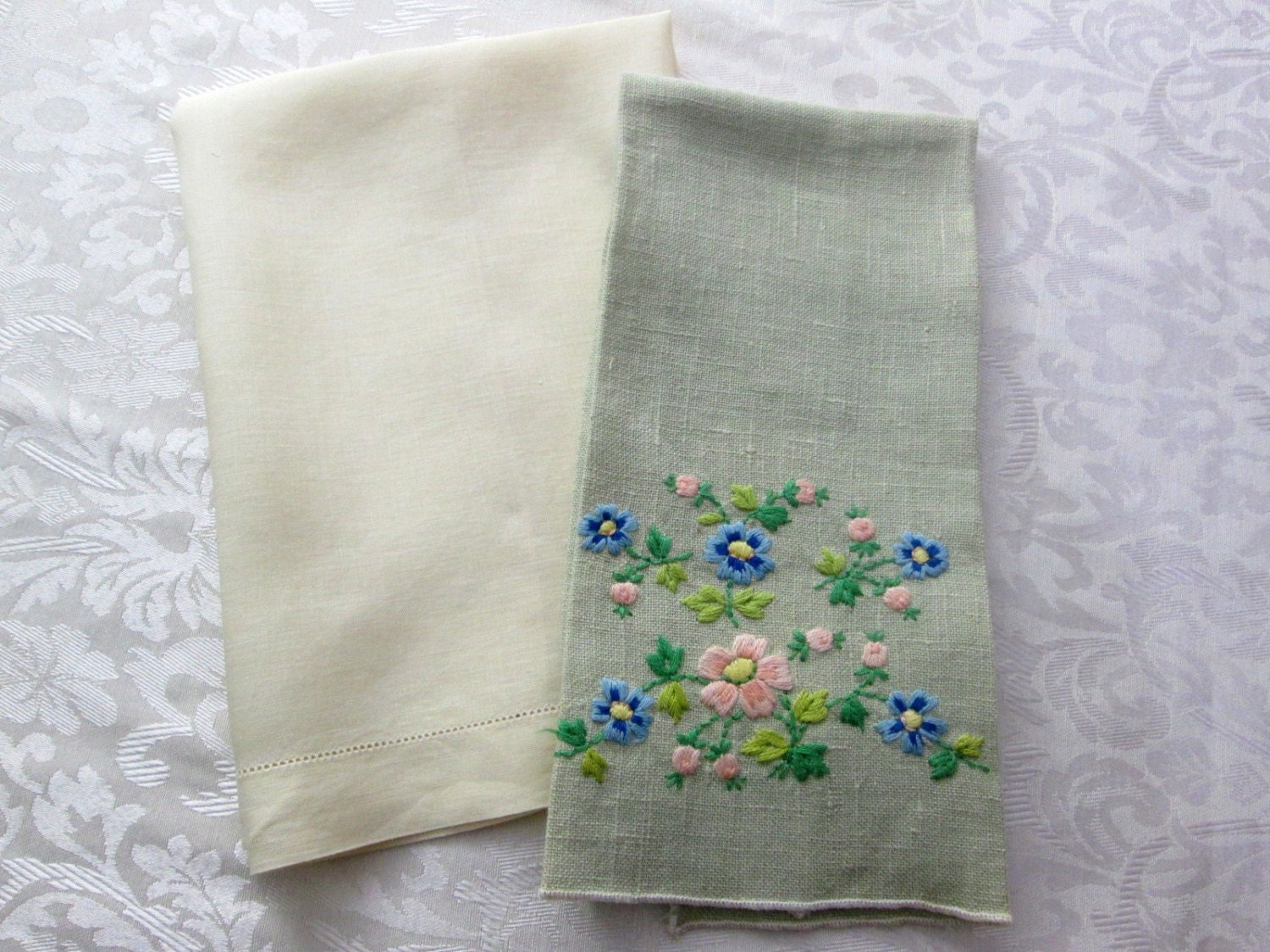 Vintage Towels Hand Embroidered Irish Linen