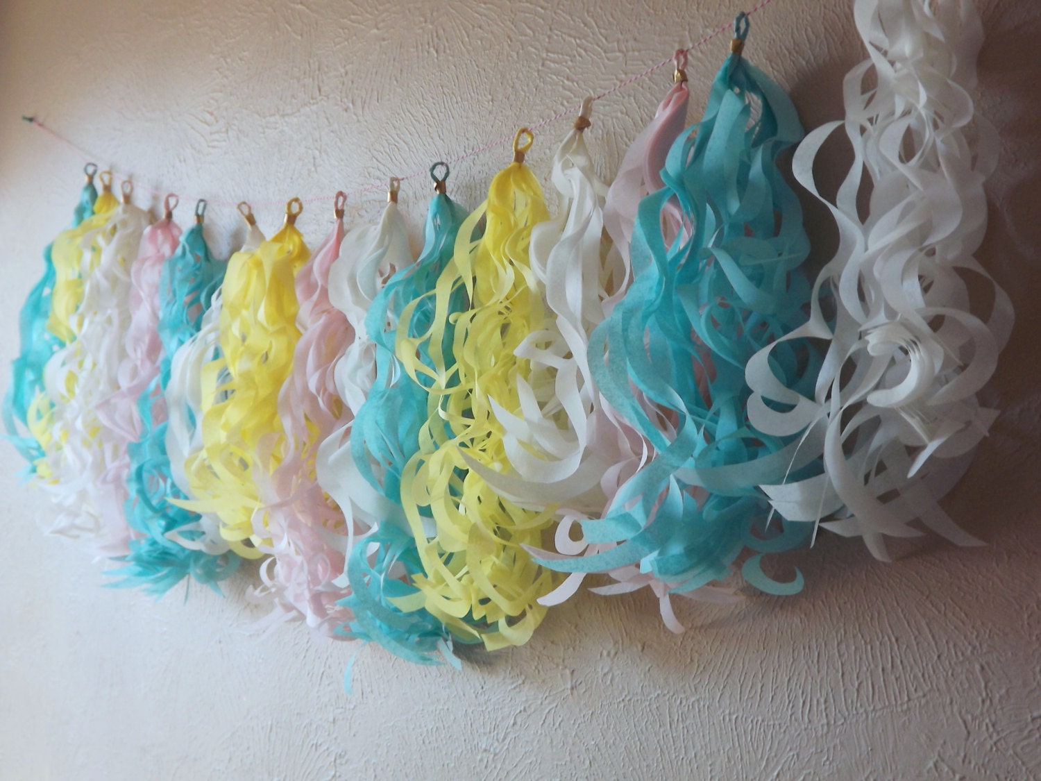 Curly Tissue Tassel Garland with 15 tassels. Weddings, Parties, showers and birthday parties. Pastel