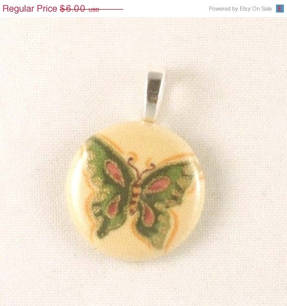 40% OFF sale pendant beautiful green and metallic gold butterfly fabric covered pendant