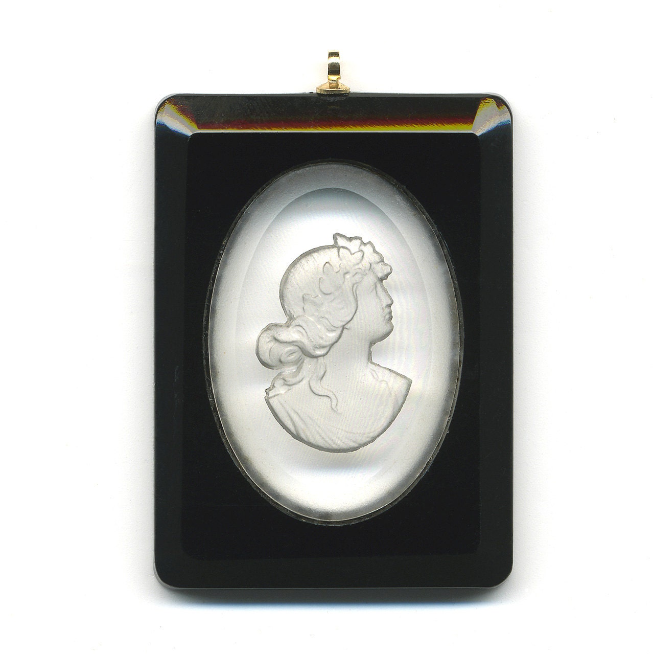 Vintage Cameo Pendant Bead 44mm Etched Clear Glass Set In Black Glass Bezel with Loop