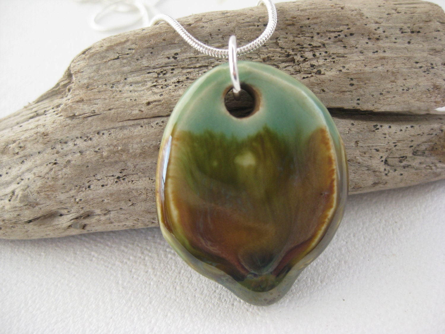 Stoneware Clay Pendant Necklace Hand Carved with Greens and Golds