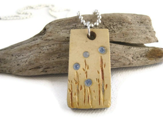 Carved Stoneware Clay Floral Pendant Pottery Necklace