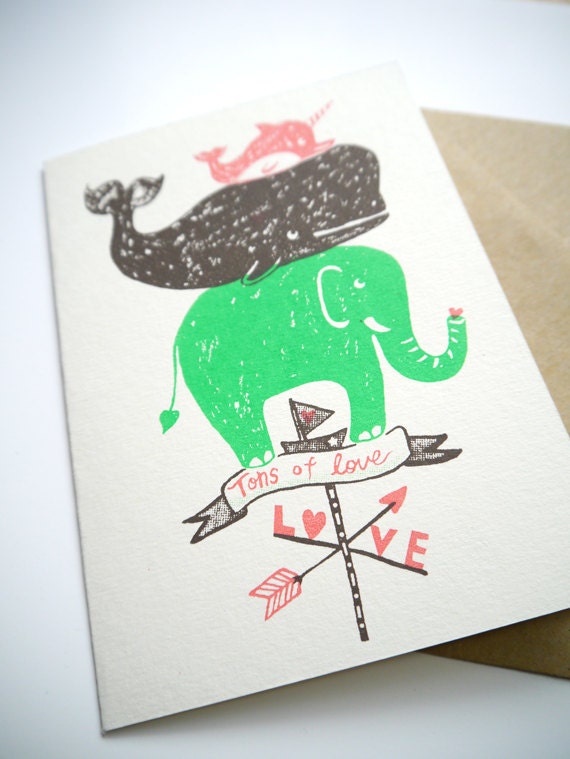 Tons of love- hand printed I Love you, birthday, anniversary, Valentine's Card