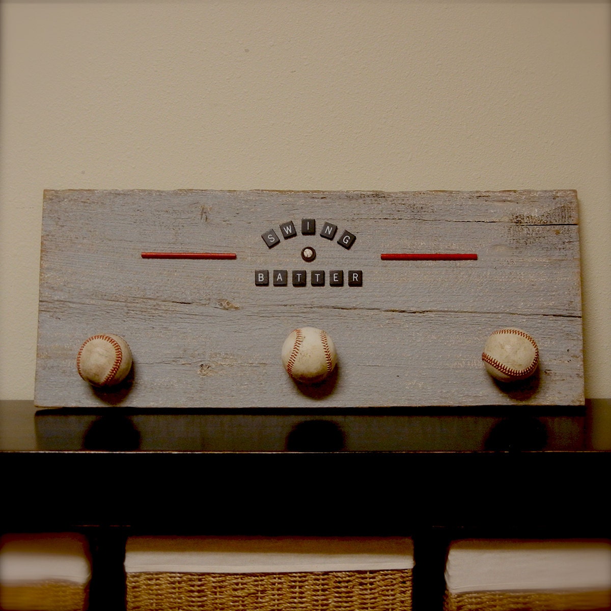 Swing Batter - Baseball Sign on reclaimed vintage 125 year old barn wood with baseballs