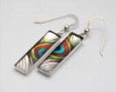 Peacock Feather Long Narrow Rectangle Sterling Silver and Resin Earrings - Ready to Ship