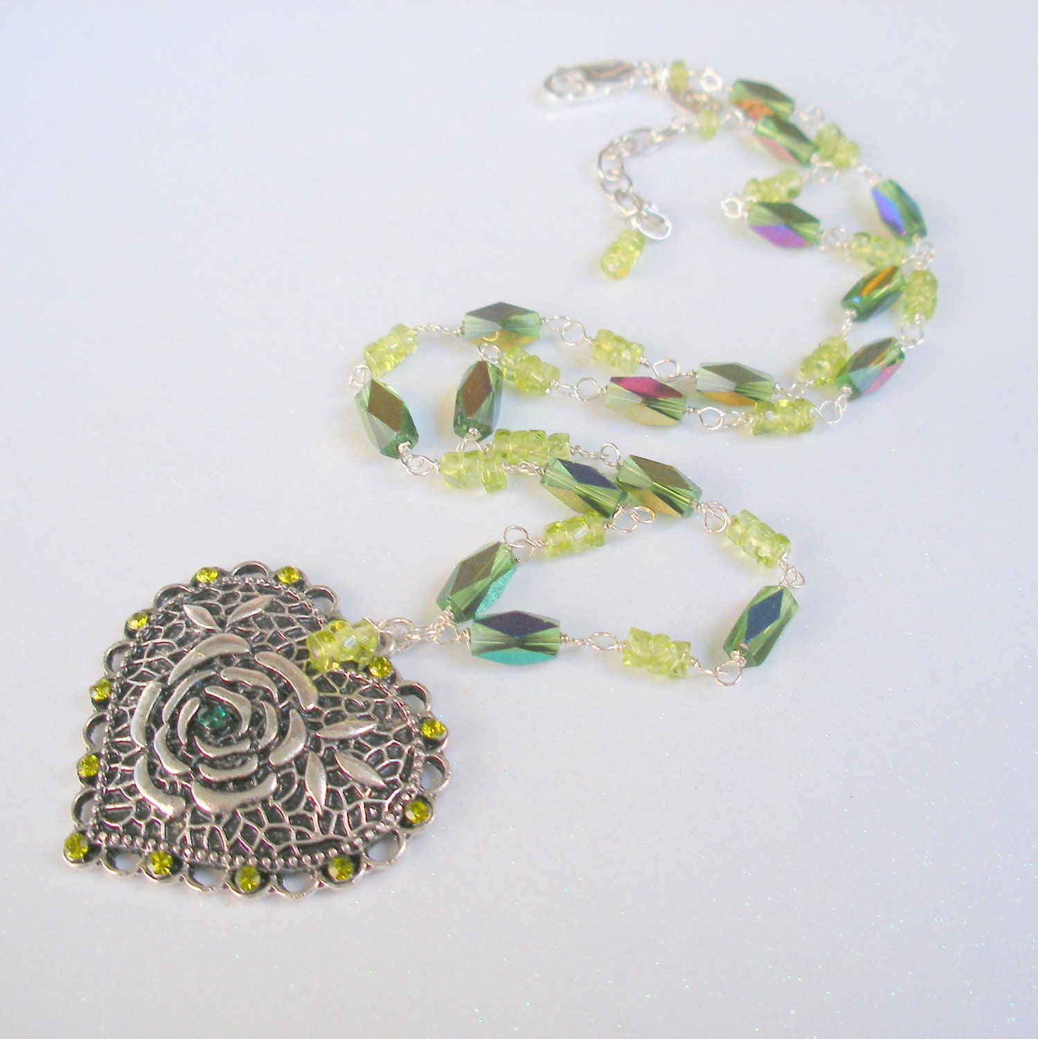 Heart Necklace with Green Crystals and Peridot