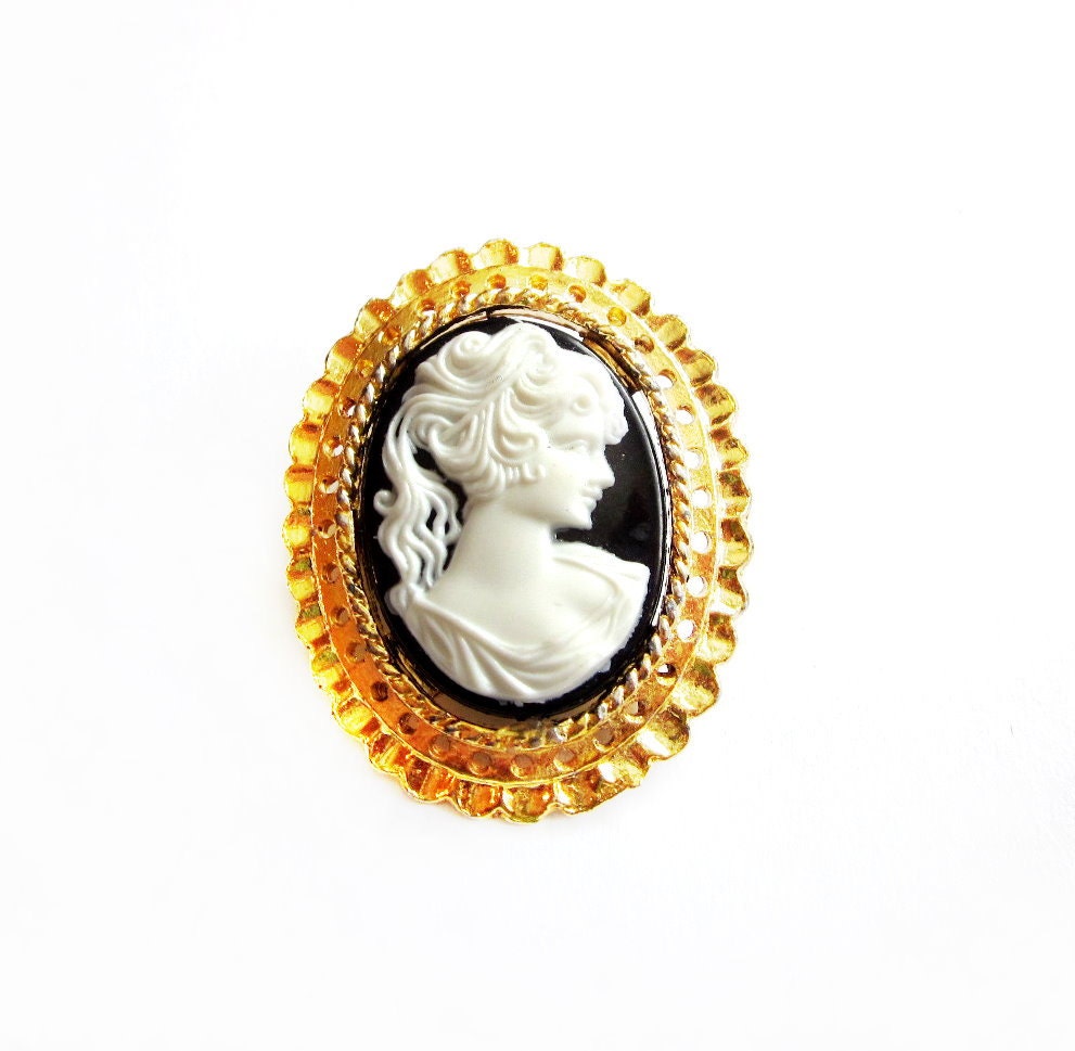 Gold / Black and White Plastic Cameo Pin / Brooch