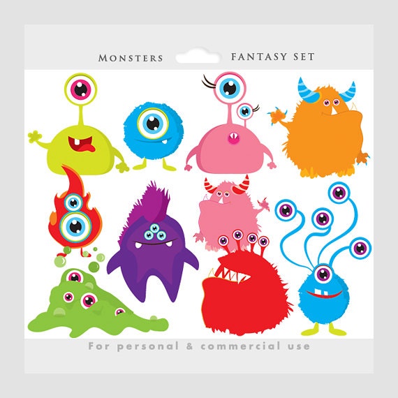 Monster clipart - monsters clip art, whimsical, cute, aliens, colorful, characters, personal and commercial use for invitations scrapbooking