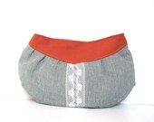 zip clutch // light blue chambray cotton - bright orange canvas - vintage lace // small clutch with zipper - make-up pouch