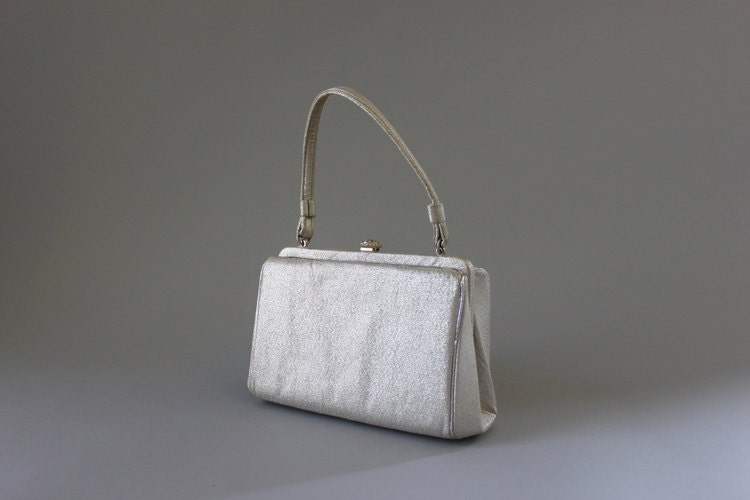 Vintage Bag / 1950s Silver Purse / Rhinestone Clasp Evening Bag
