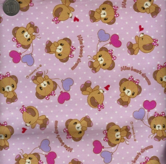 Last Half Yard Japanese Kokka Cotton Fabric Miss Bear's Dream Heart