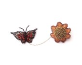 Red butterfly and flower double brooch, crochet wire brooch