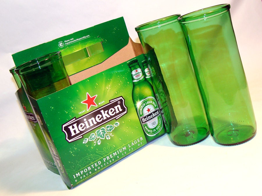 Six Pack Set of Recycled Heineken Beer Bottle Drinking Glass Cups