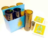 Six Pack Set of Recycled Bell's Oberon Beer Bottle Drinking Glass Cups with six labeled ceramic coasters.