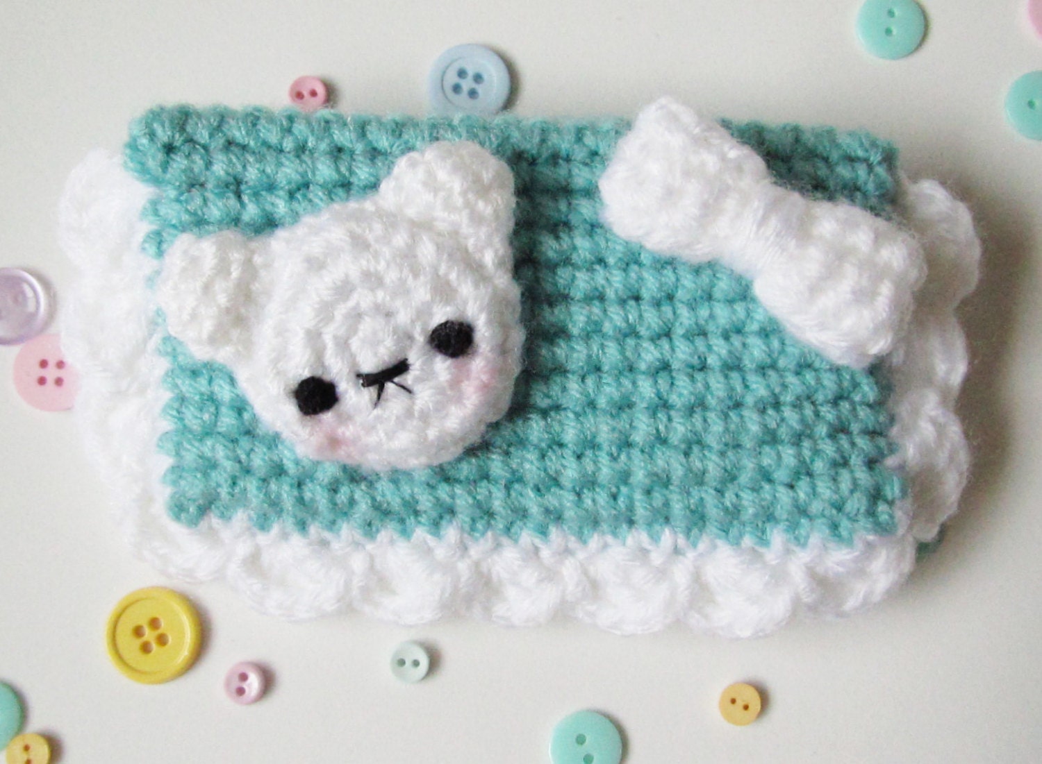Kawaii crochet - white bear with bow - coin purse - mini wallet