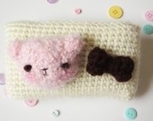 Kawaii crochet - pink bear with brown bow - coin purse - iphone 5 case - cell phone