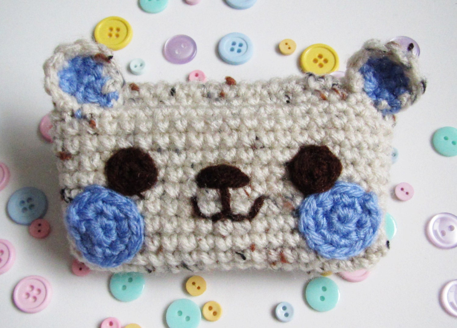 Kawaii crochet - beige bear with purple - coin purse - mini wallet