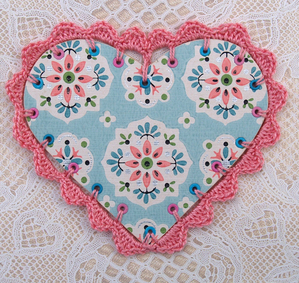Mothers Day or Birthday Card - Heart Shape Vintage Wallpaper and Hand Crochet Edge With Decorative Label Card