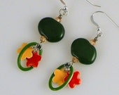 Flowers On The Lawn Fun Summer Earrings Green Peach and Red Handmade Jewelry