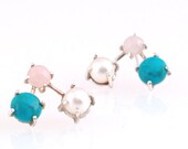 Three Stone Post Earrings with Turquoise, Pink Quartz, Fresh Water Pearl