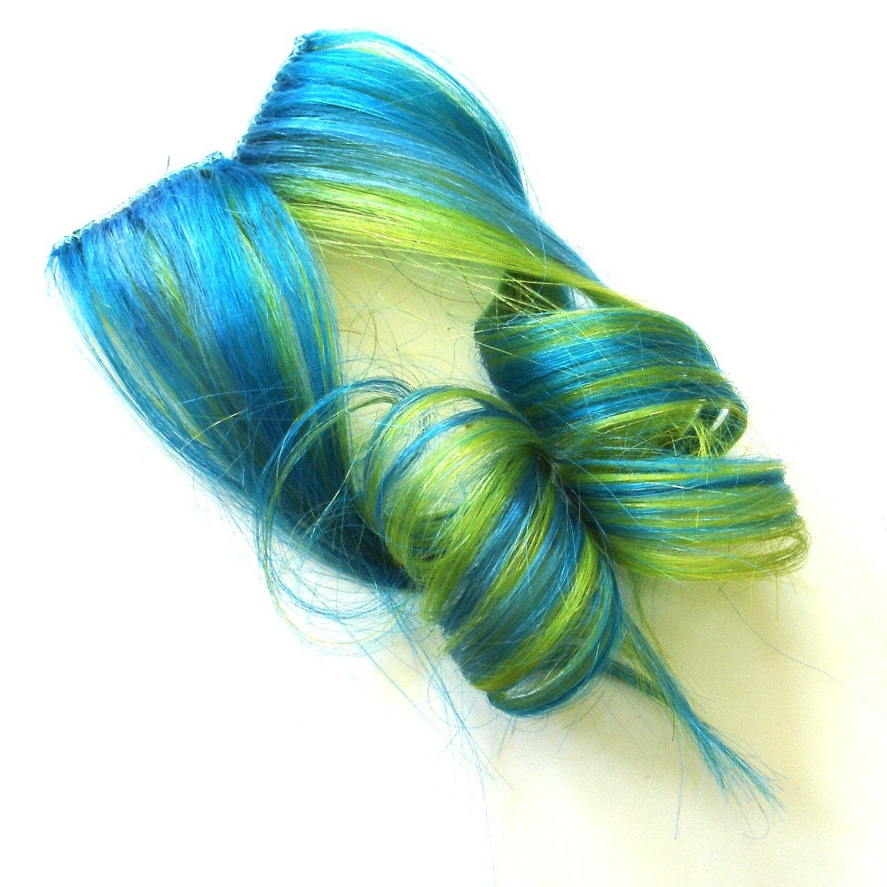 Lime Green, Light Blue, and Turquoise Clip-In Hair Extensions
