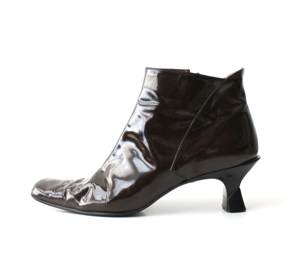 1990's Square Toes Espresso Patent Chelsea Boots