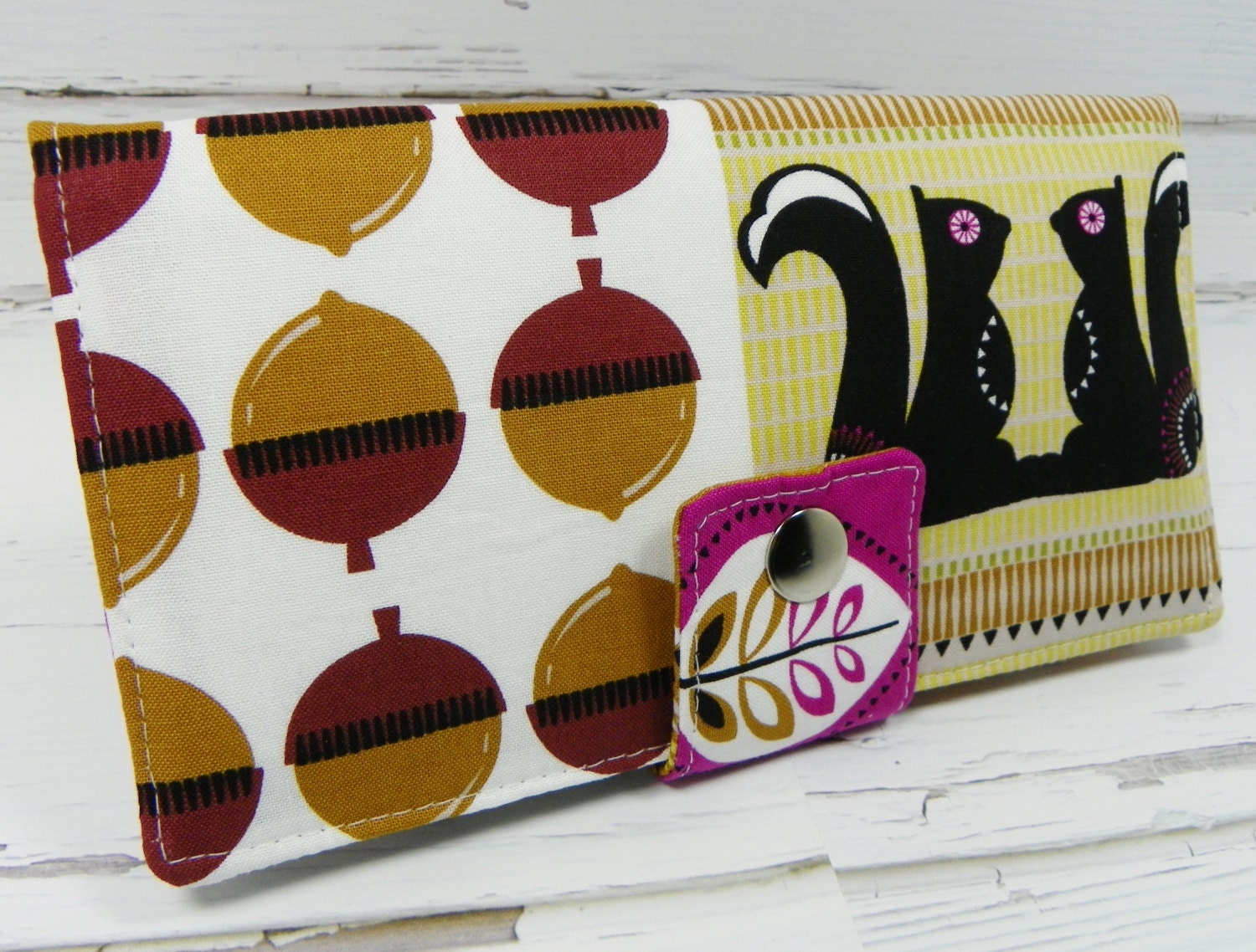 Handmade Long Wallet  BiFold Clutch - Black squirrels and nuts wallet
