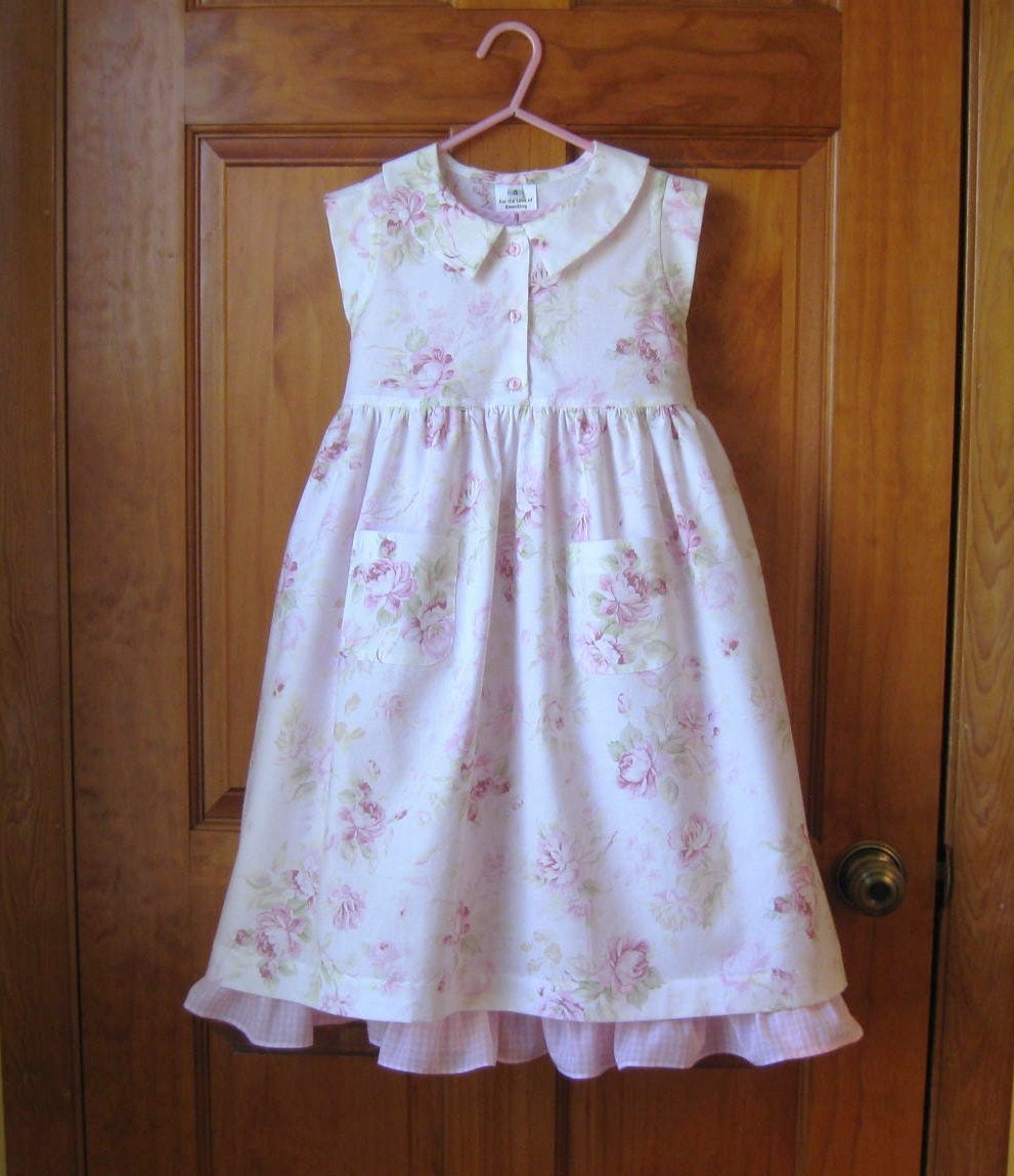 Girl shabby chic dress and slip/underdress, pink roses on white, pink gingham, size 4, ready to ship