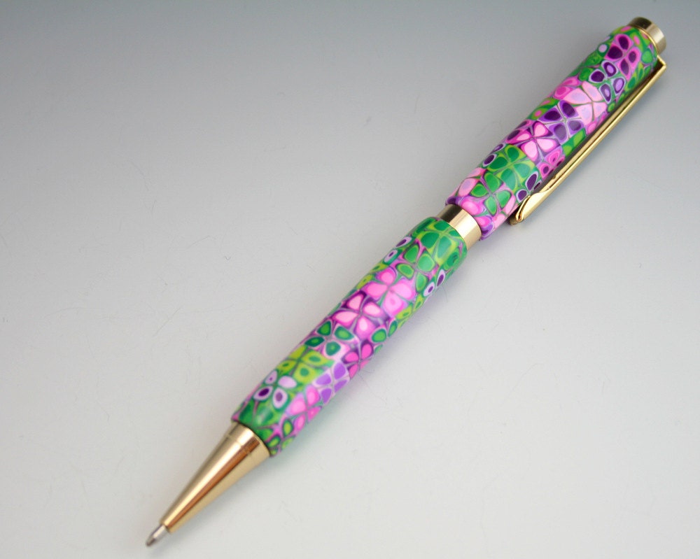 Fimo Flower Pen in Purple, Pink, Green