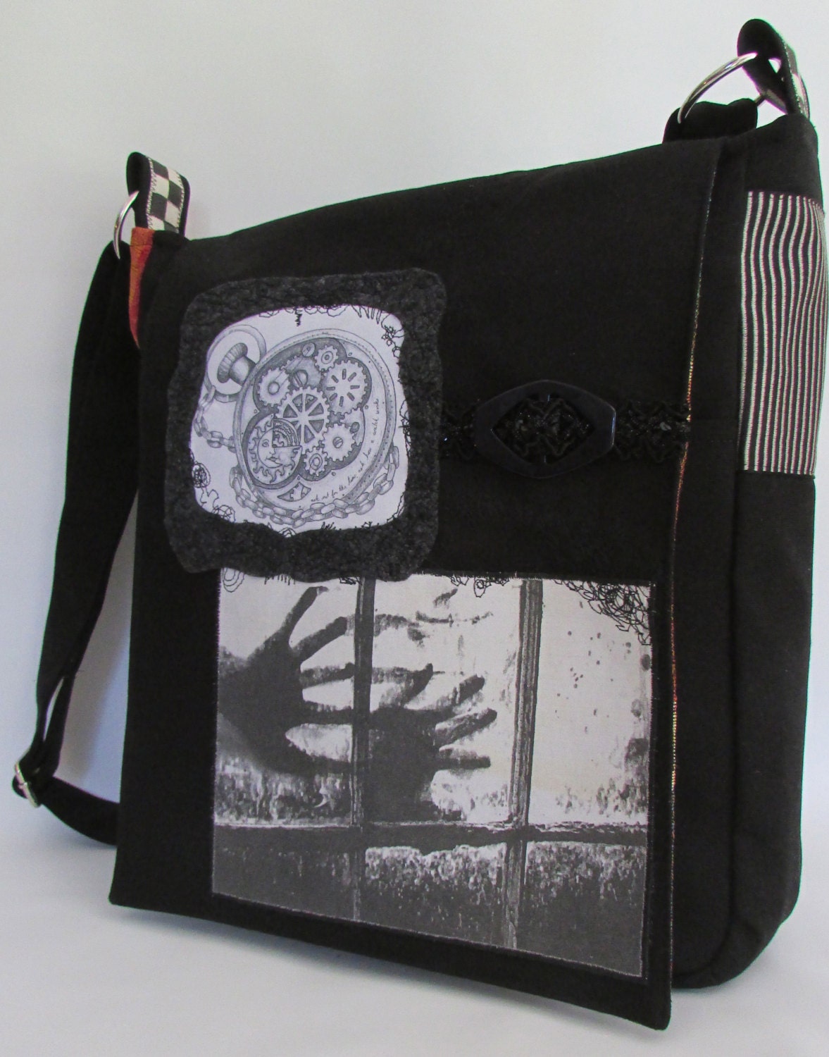 Messenger Bag Wolves, pocket watch, black and white, numbers steam punk odd ready to ship