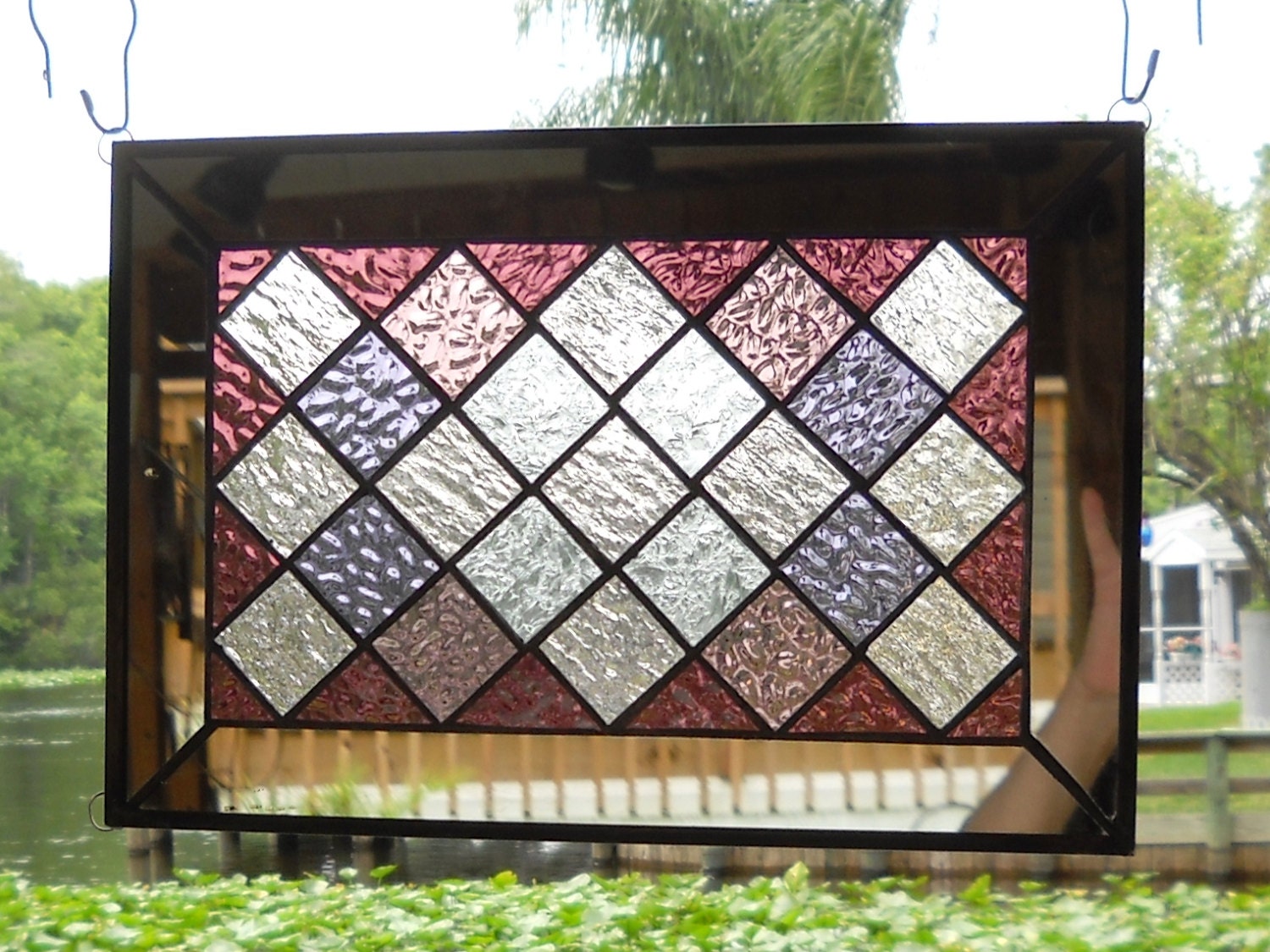 Patchwork Quilt Square Stained Glass Panel Window Hanging Stained Glass Quilt Suncatcher
