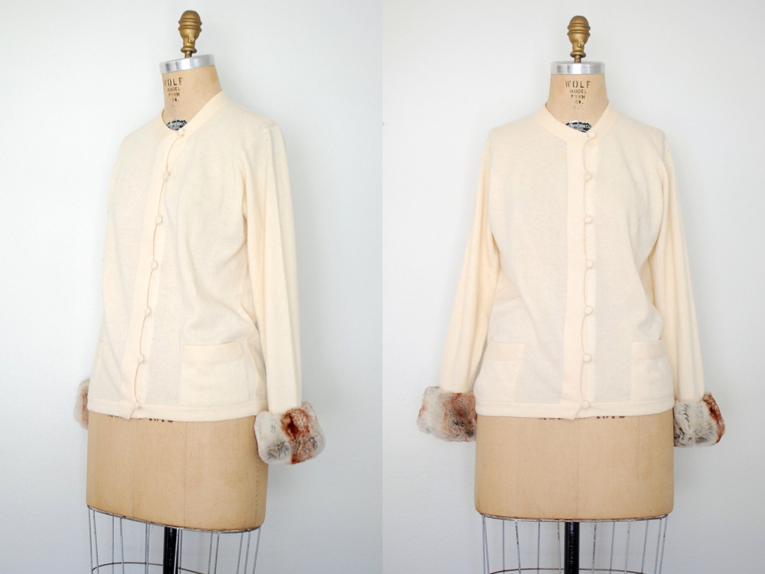 vintage cashmere sweater / 50s sweater / 1950s sweater with fur cuffs / cream wool sweater / Chinchilla Cuffs