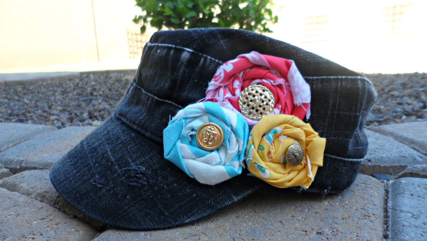Summer Fun Black Denim Distressed Military Cadet Flower Hat with Coral Yellow and Blue Flowers