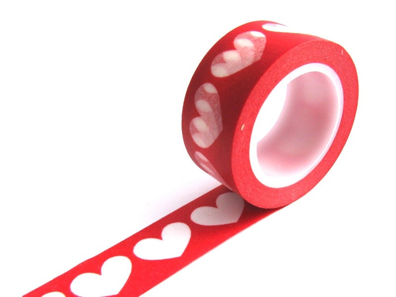Washi Tape - Red & White Love Hearts - 20mm x 10 metres - High Quality Masking Tape
