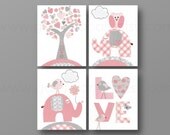 Pink and gray Nursery Art Print, nursery art, baby nursery, kids art, nursery art, love, Birds, elephant, tree, Set of 4, 8x10 prints