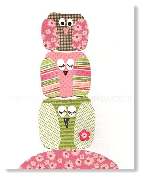 Nursery print, childrens art print, kids room decor, owl nursery, Bird, Pink, Green, Hoot Hoot Hoot  8x10 print from Paris