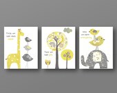 Nursery art print, baby nursery decor, Kids art, yellow, gray, elephant, giraffe, bird, First we had each other Set of three 11x14 prints