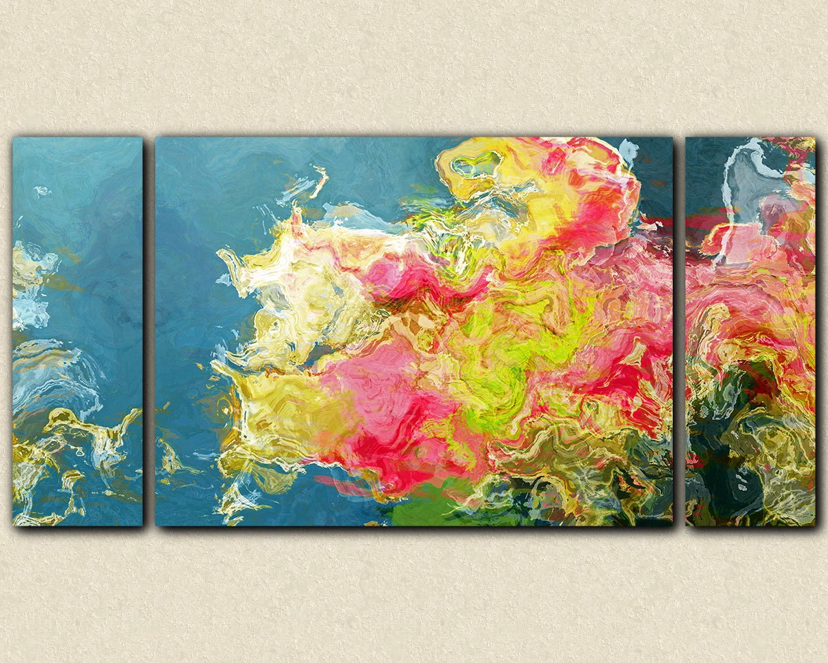 Triptych abstract expressionism stretched canvas print, 30x60 giclee in pink and green, from abstract painting "Aria"