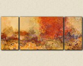 Extra large triptych abstract art, 30x72 giclee canvas print, in red orange and tan, from abstract painting "Magma"