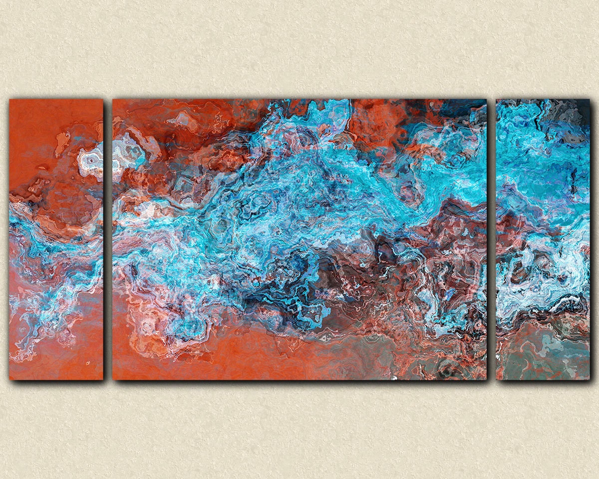 Large triptych abstract  art canvas print, 30x60 on stretched canvas, in turquoise and copper, from abstract painting "Southwest Spirit"