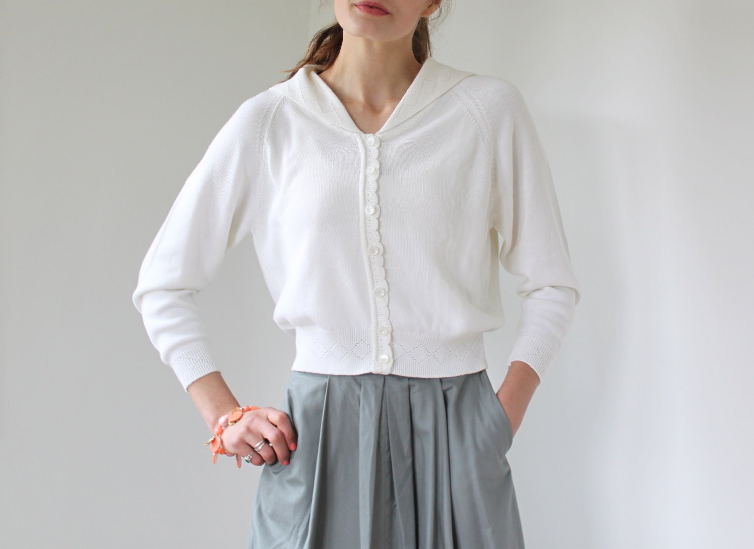 vintage white sailor sweater. Med - Large. 80s nautical sweater. Retro white cardigan. Slouchy cropped sweater / the CONFECTIONERY top