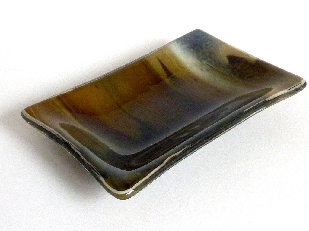Rectangular Fused Glass Dish in Brown and French Vanilla