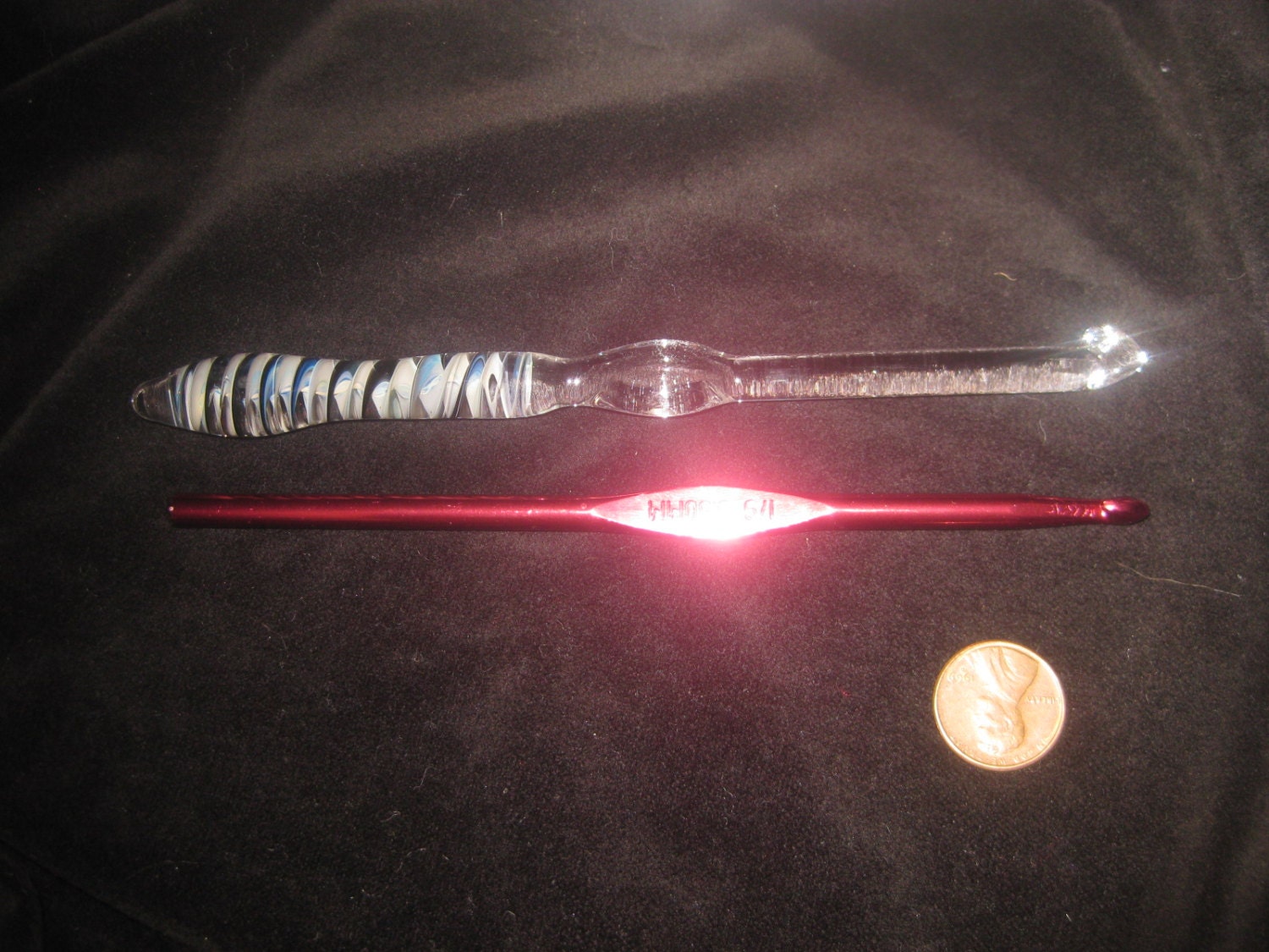 Handblown Glass Crochet Hook - Black White and Silver