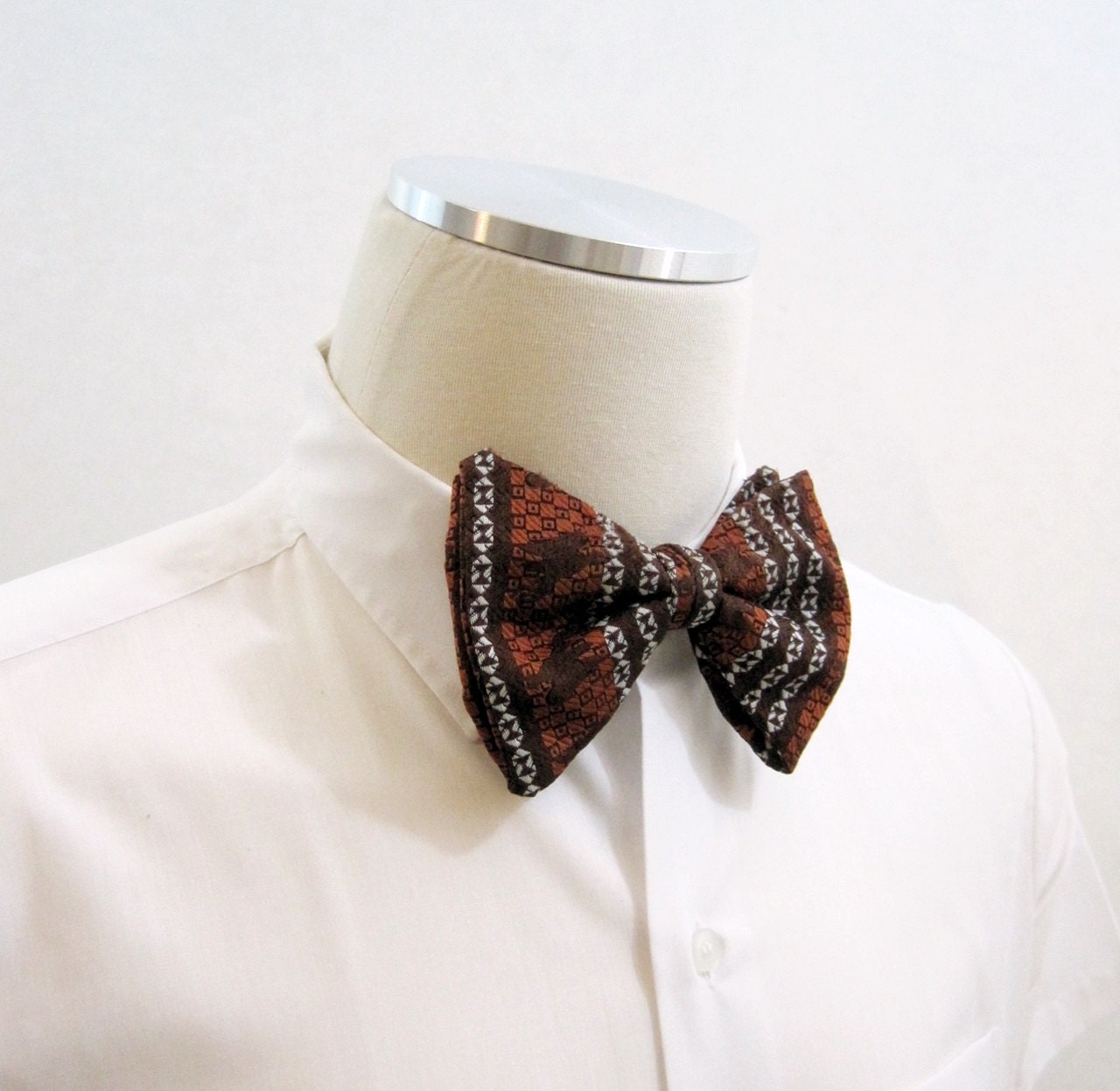70s Bow Tie Vintage Mens Textured Brown Brocade Clip-on bowtie disco era